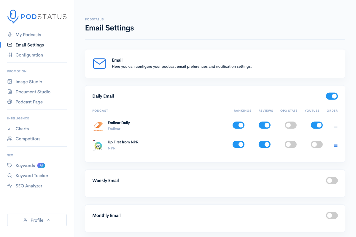 Email report configuration showing frequency settings and podcast selection