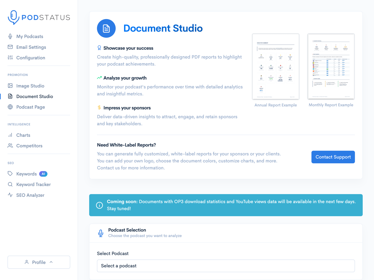 Document Studio generating sponsor-ready PDF reports with rankings and reviews