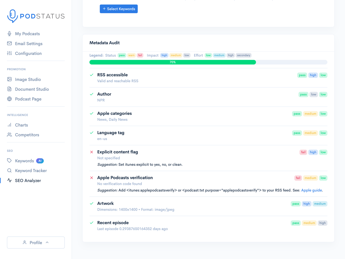 Podcast SEO analyzer auditing titles, descriptions, and RSS metadata