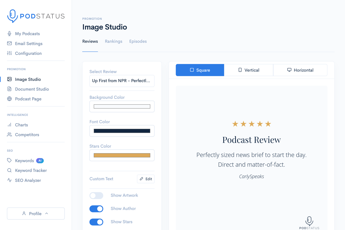 Image Studio showing review card and ranking graphic templates