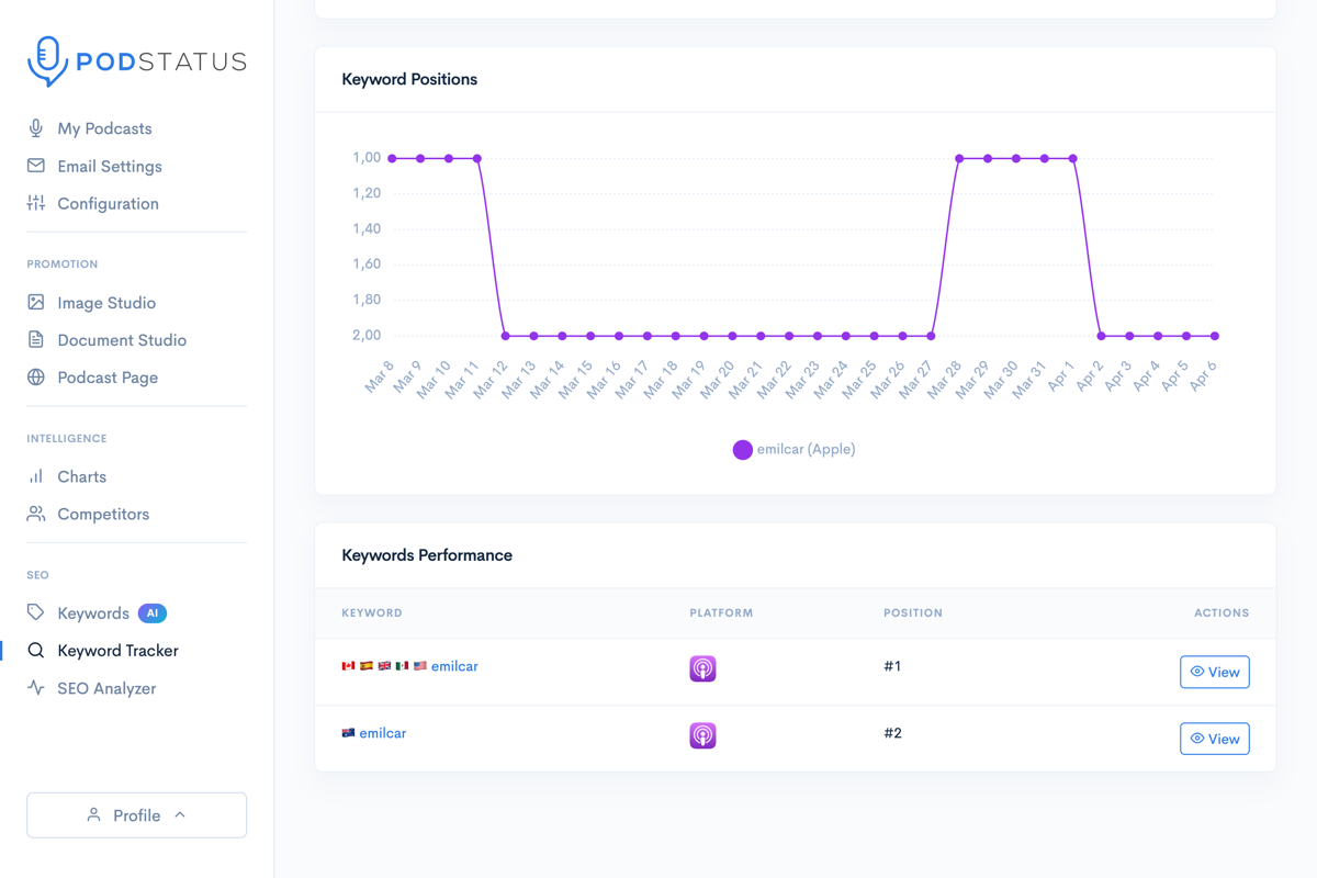 Keyword position history chart showing daily ranking changes for a single search term