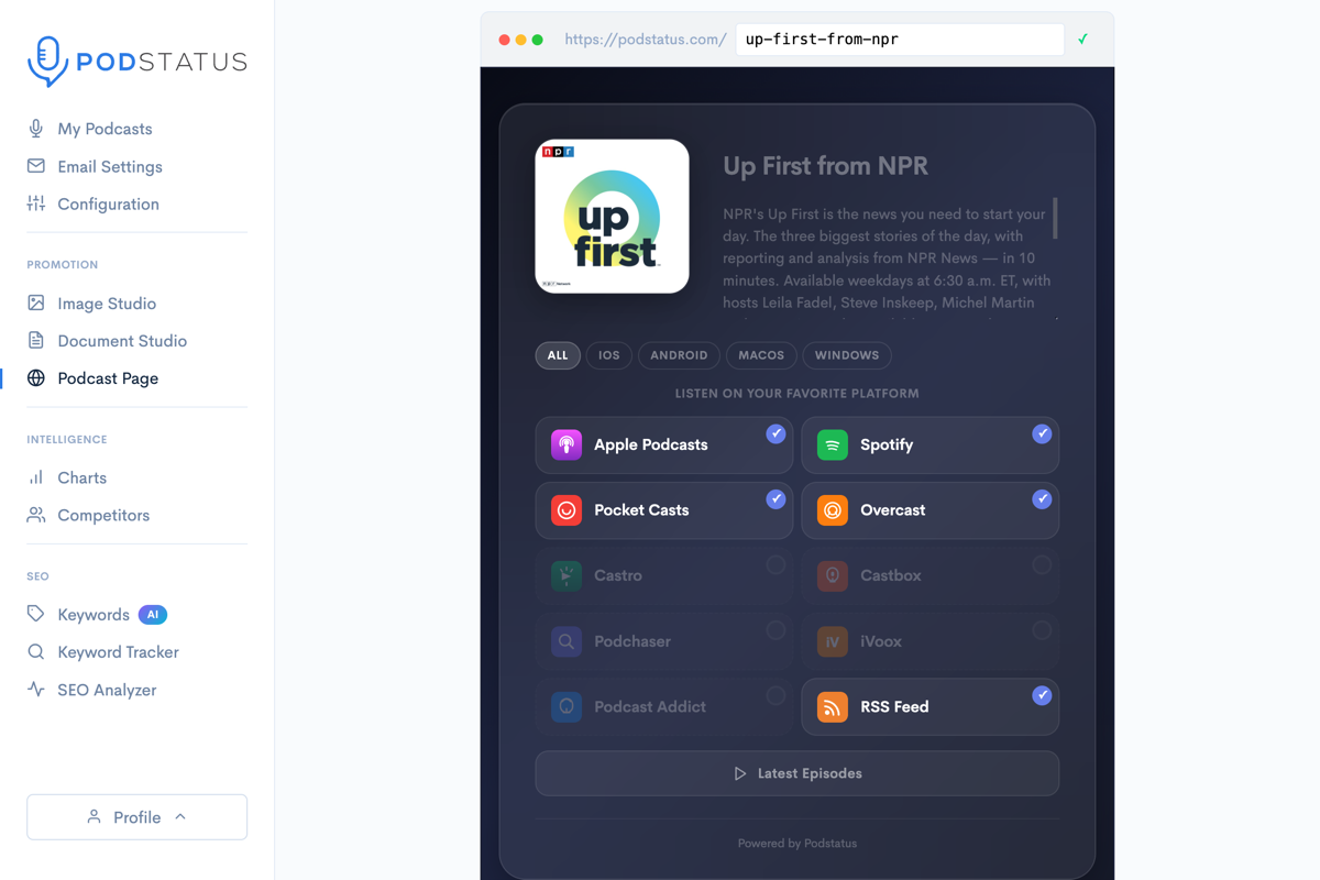 Podcast Page editor with live preview and platform toggles